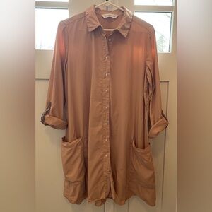 Zara shirt dress pale pink peach long roll tab sleeves medium basic tencel